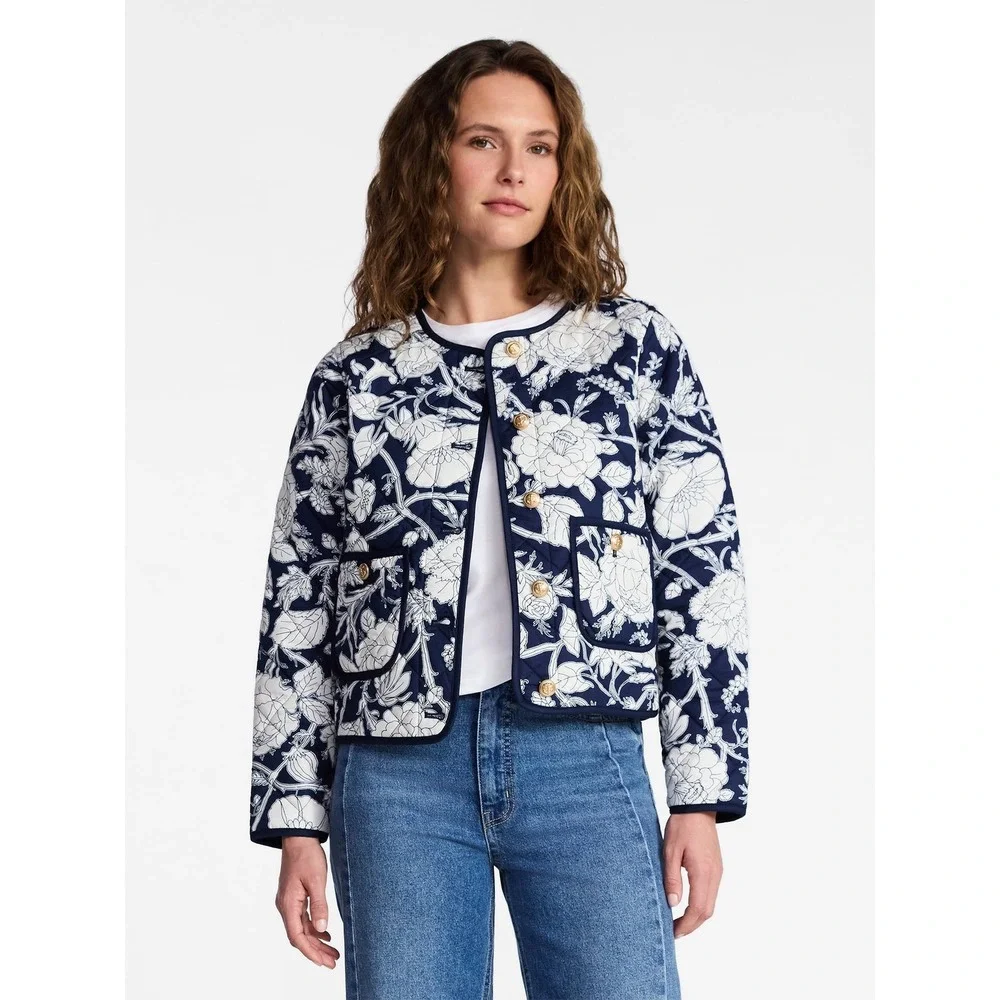 Time‎ Tru Quilted Jacket Women Navy White Floral Toile Gold Button Crewneck